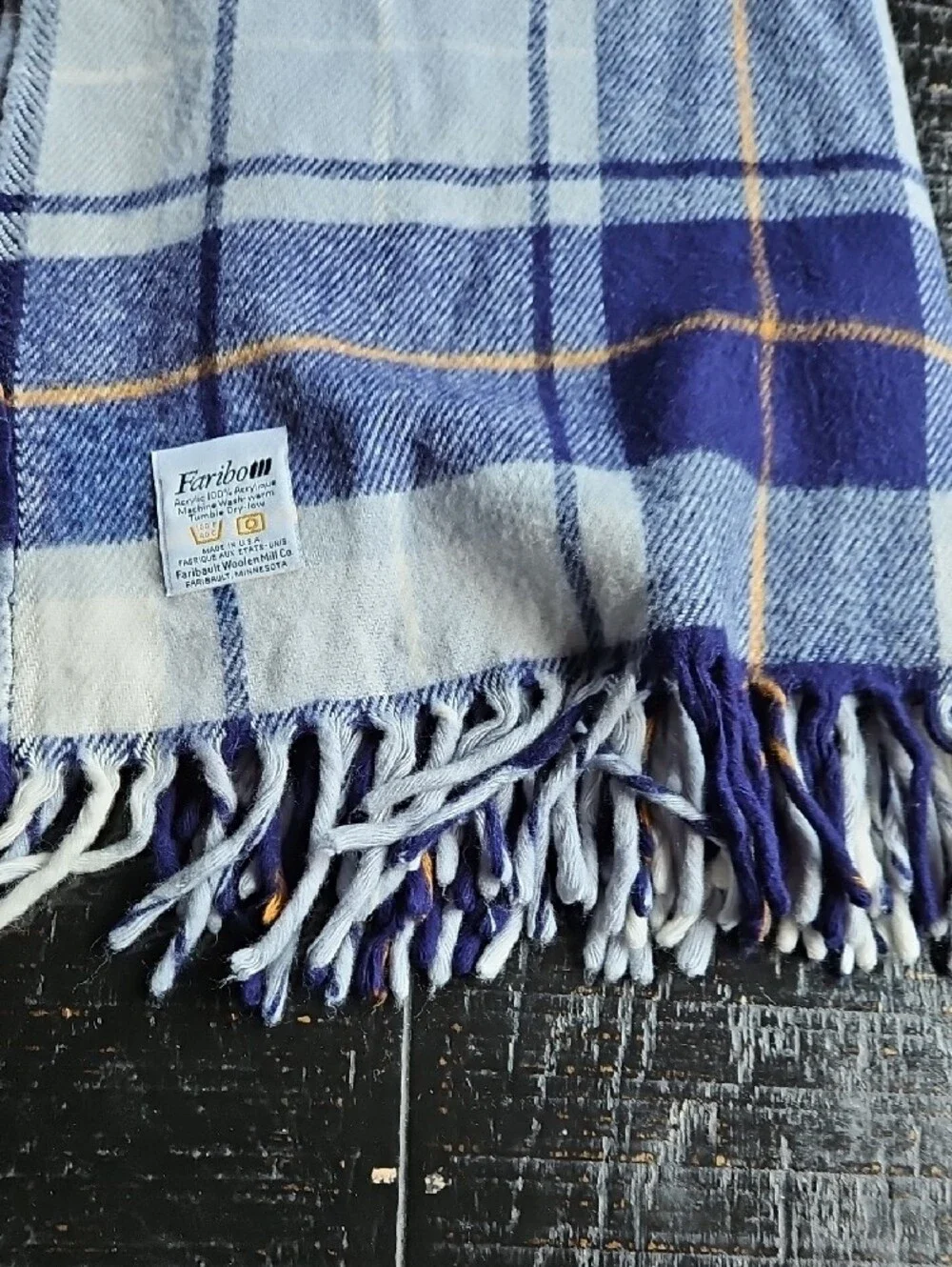 Vintage Faribo Blue Grey Gold Plaid Fringe Throw Stadium Blanket Size 52 X 52